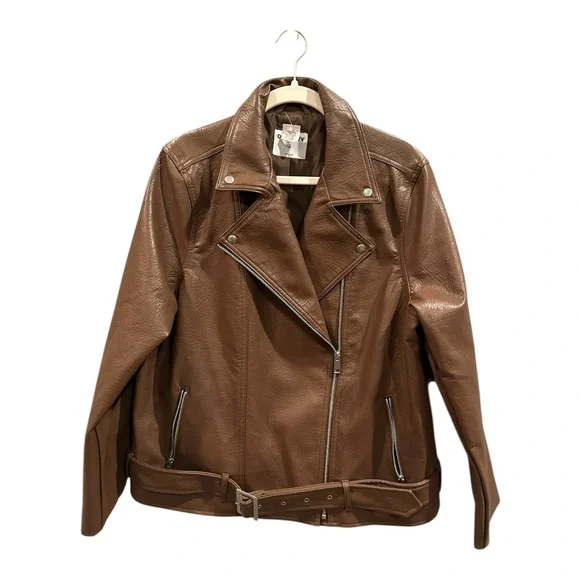 Old Navy Espresso Faux Leather Belted Biker Jacket XL - Picture 3 of 13